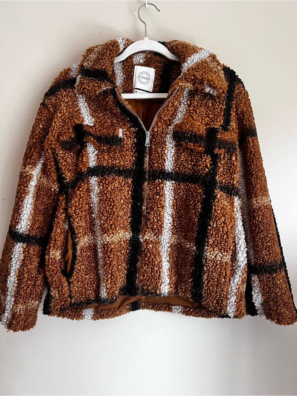 Stoosh Brown Plaid Teddy Sherpa Zip Jacket Size M
